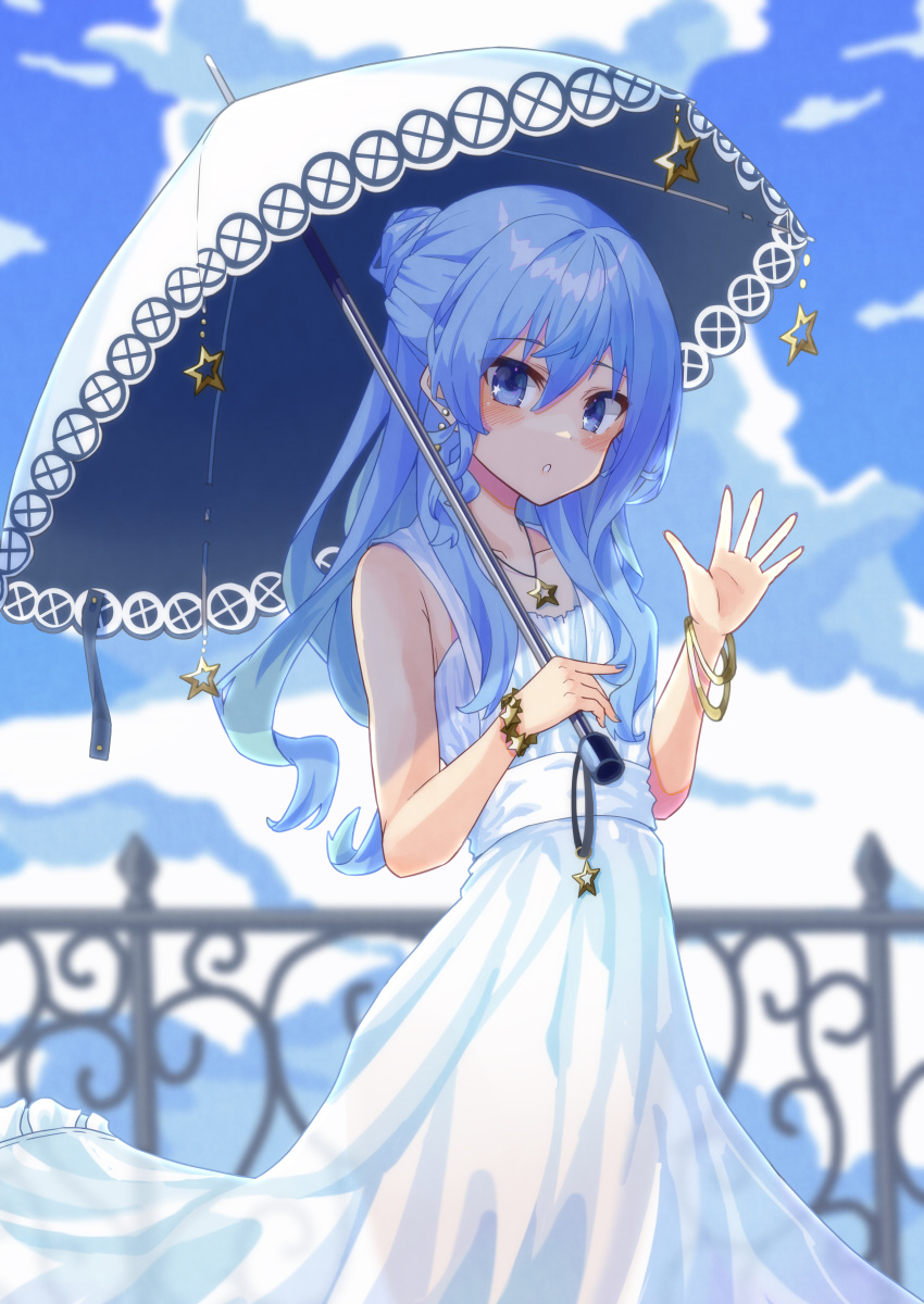 1girl, absurdres, alternate_costume, bangle, blue_eyes, blue_hair, bracelet, clouds