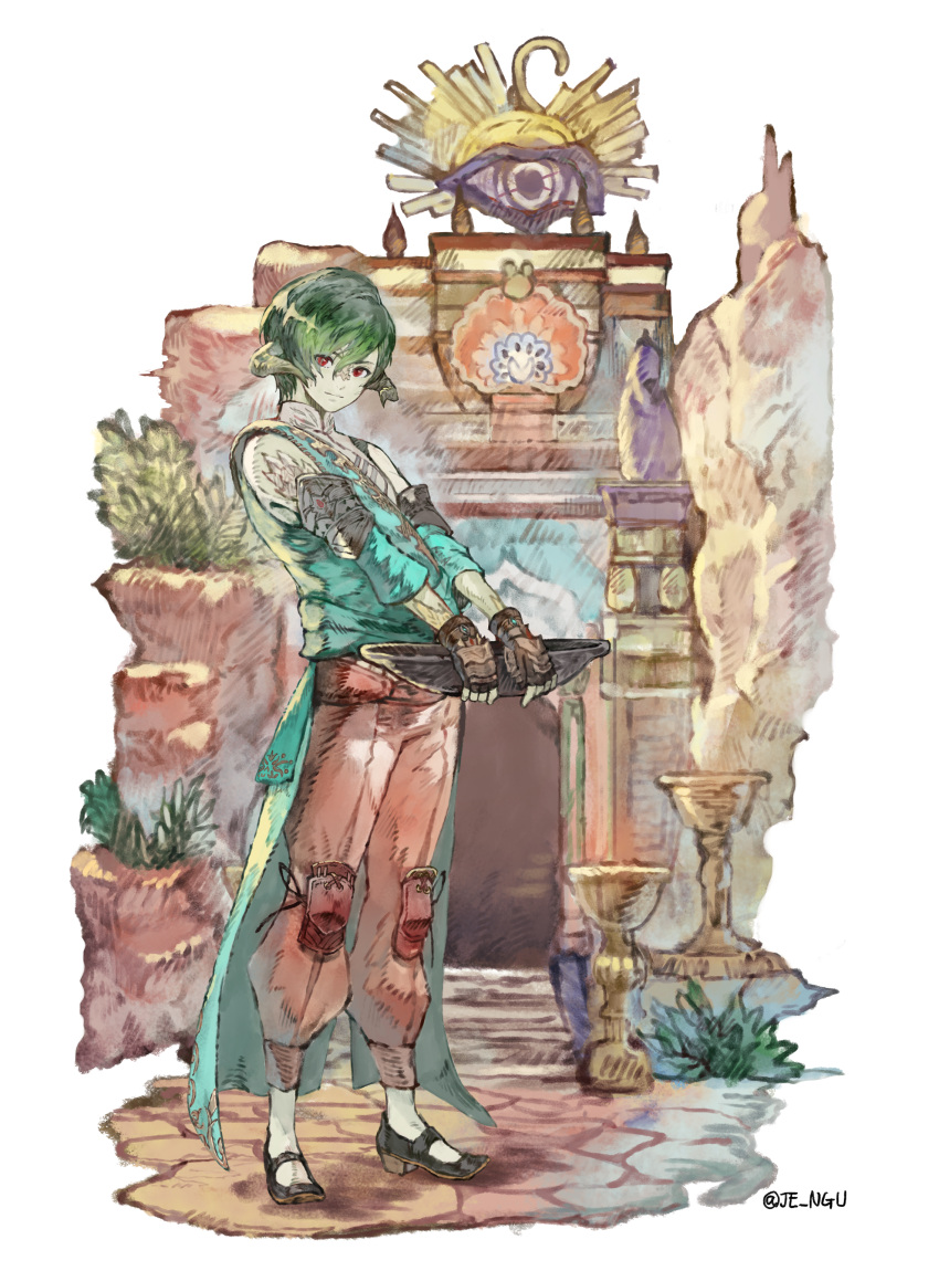 1boy, absurdres, au_ra, bangs, basket, black_footwear, brown_gloves, collared_shirt, column, detached_sleeves, dragon_horns, eyes_visible_through_hair, final_fantasy, final_fantasy_xiv, fingerless_gloves, from_side, full_body, gloves, grass, green_hair, green_sash, hatching_(texture), high_collar, highres, holding, holding_basket, horns, indian_clothes, je_ngu, knee_pads, looking_at_viewer, male_focus, outdoors, pants, pillar, red_eyes, red_pants, rock, sash, scales, shirt, shoes, short_hair, signature, smile, socks, solo, stairs, standing, swept_bangs, twitter_username, varshahn, white_background, white_shirt, white_socks