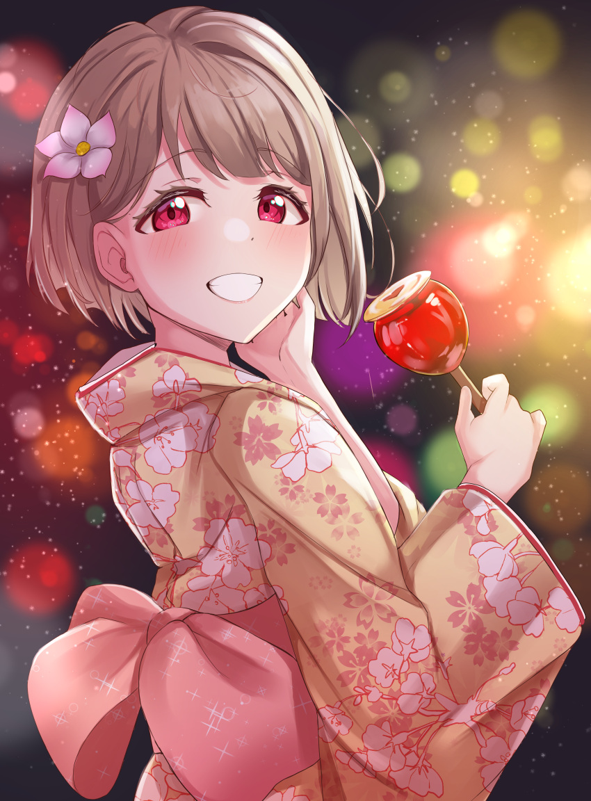 1girl, :d, absurdres, alternate_costume, blurry, blush, bob_cut, bokeh