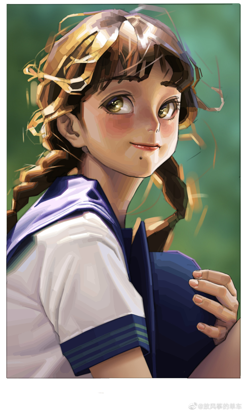 1girl, absurdres, blue_sailor_collar, blurry, blurry_background, braid, brown_hair, closed_mouth