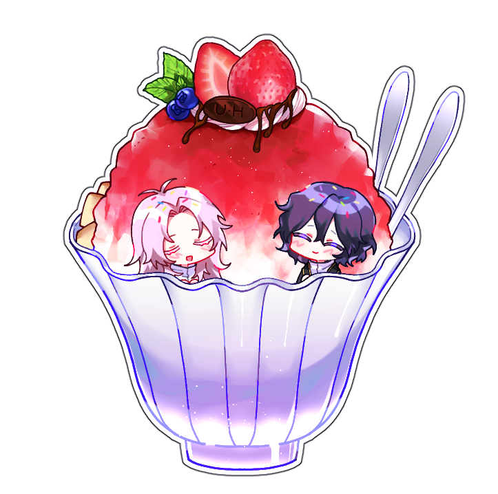2boys, antenna_hair, bangs, blueberry, chibi, chocolate, closed_eyes, closed_mouth