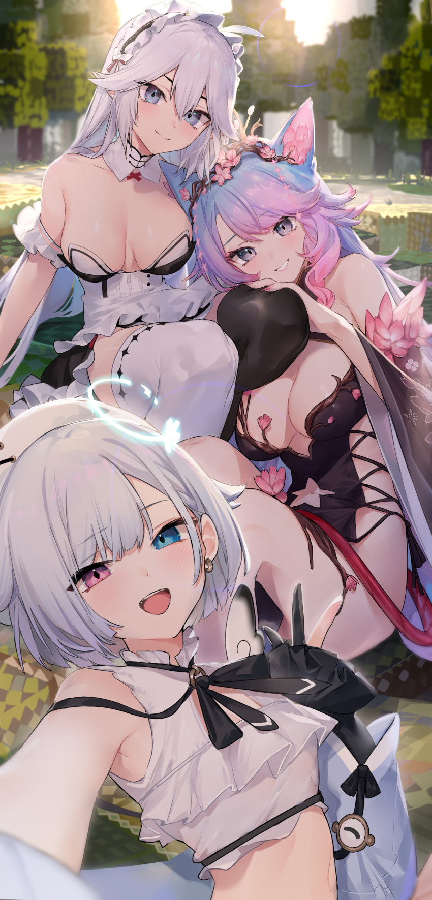 3girls, absurdres, ahoge, amemiya_nazuna, animal_ear_fluff, animal_ears, armpits, asymmetrical_legwear