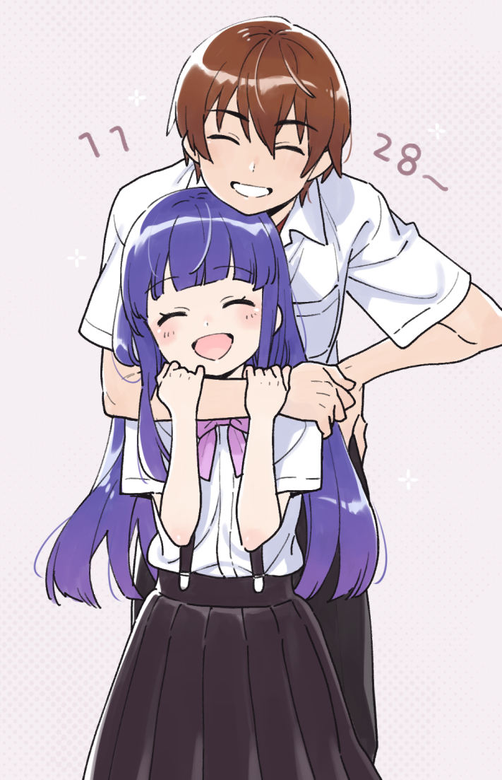 1boy, 1girl, :d, bangs, blunt_bangs, bow, bowtie, breast_pocket, brown_hair, closed_eyes, collared_shirt, dated, dotted_background, dress_shirt, furude_rika, hair_between_eyes, hand_around_neck, hands_on_another's_arms, hands_on_hips, higurashi_no_naku_koro_ni, itooooofu8282, long_hair, maebara_keiichi, open_mouth, pleated_skirt, pocket, purple_hair, school_uniform, shiny, shiny_hair, shirt, short_hair, short_sleeves, skirt, smile, suspender_skirt, suspenders, teeth, white_shirt