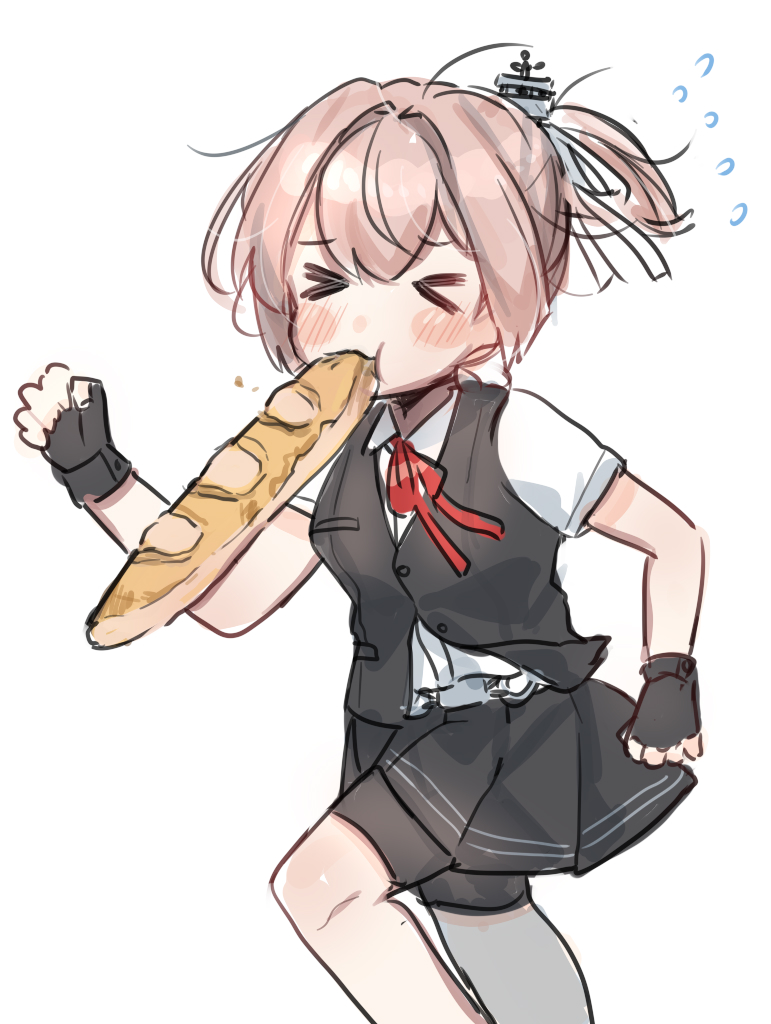 1girl, baguette, bike_shorts, black_gloves, black_skirt, black_vest, bread, dress_shirt