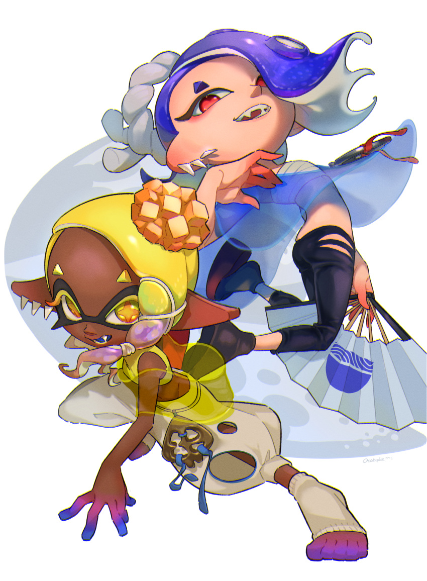 +_+, 1girl, 1other, :d, absurdres, black_pants, blue_hair, blue_skin