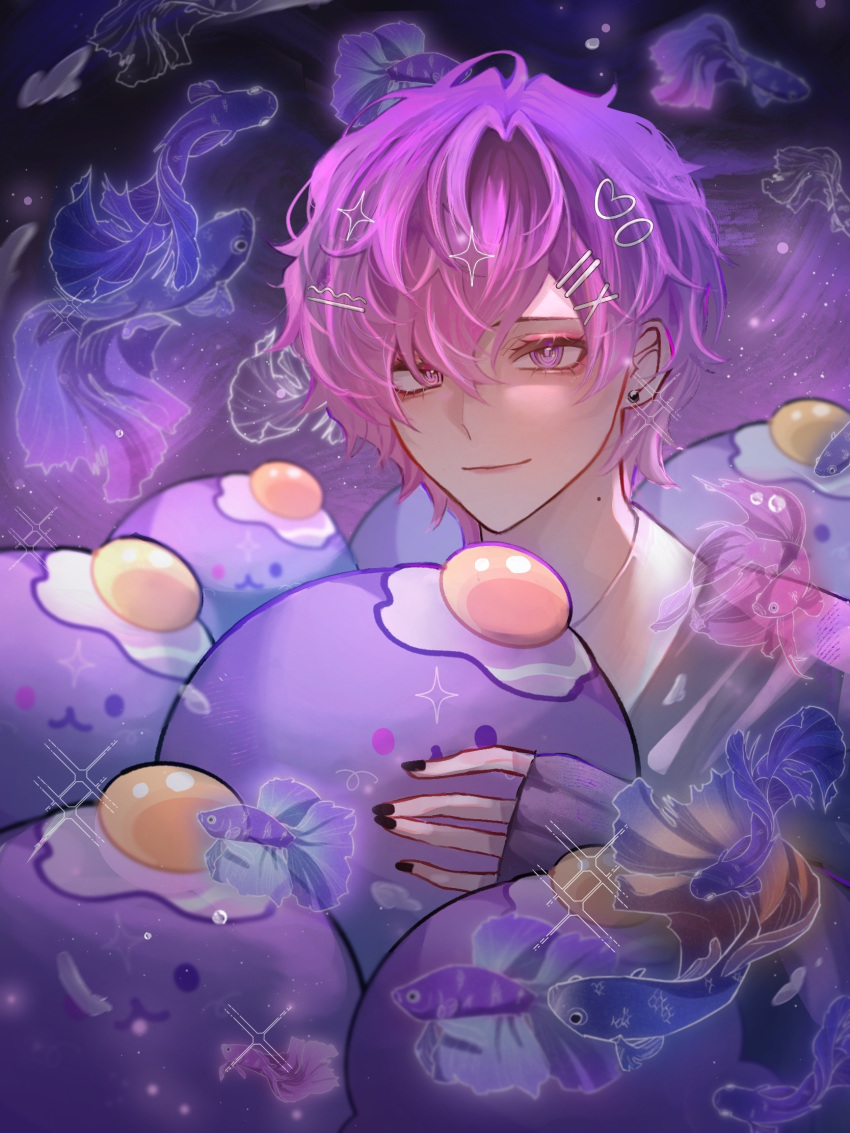 1boy, 9105896984, :3, bangs, black_nails, blush, closed_mouth, collared_shirt, commentary_request, earrings, egg_(food), eyelashes, eyeshadow, fingernails, fish, gradient_hair, hair_between_eyes, hair_ornament, hairclip, hand_up, heart, heart_hair_ornament, heterochromia, highres, jewelry, koi, long_sleeves, looking_at_viewer, makeup, male_focus, mole, mole_on_neck, multicolored_hair, nail_polish, nijisanji, nijisanji_en, parted_bangs, pink_eyes, pink_eyeshadow, pink_hair, purple_hair, purple_sweater, shirt, short_hair, sleeves_past_wrists, smile, solo, sparkle, star_(symbol), star_hair_ornament, sweater, uki_violeta, violet_eyes, virtual_youtuber, white_shirt