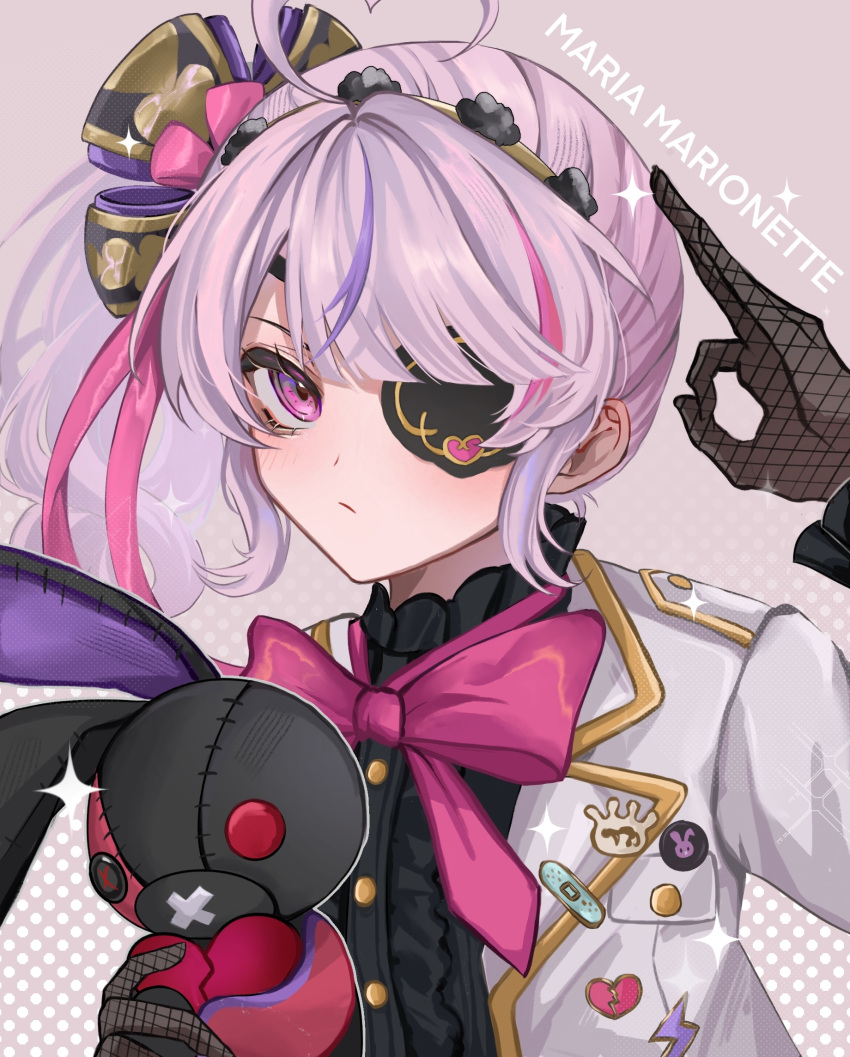 1girl, 9105896984, ahoge, arm_up, asymmetrical_hair, bandaid, bangs, black_gloves