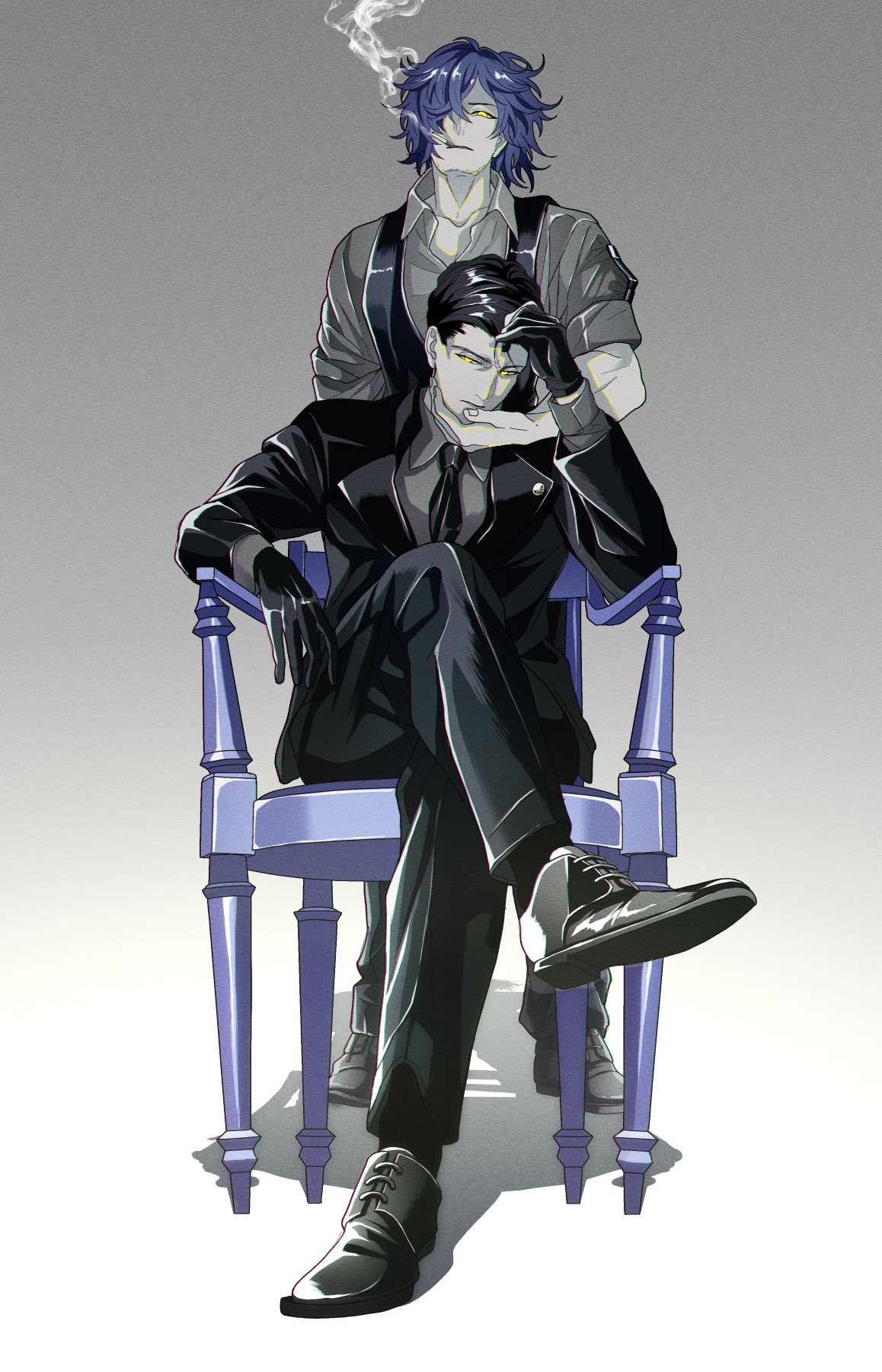 2boys, black_footwear, black_gloves, black_hair, black_jacket, black_necktie, black_pants, black_suit