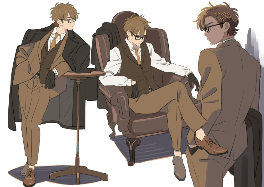 1boy, ace_of_diamond, alternate_costume, black_gloves, black_jacket, brown_footwear, brown_hair, brown_jacket