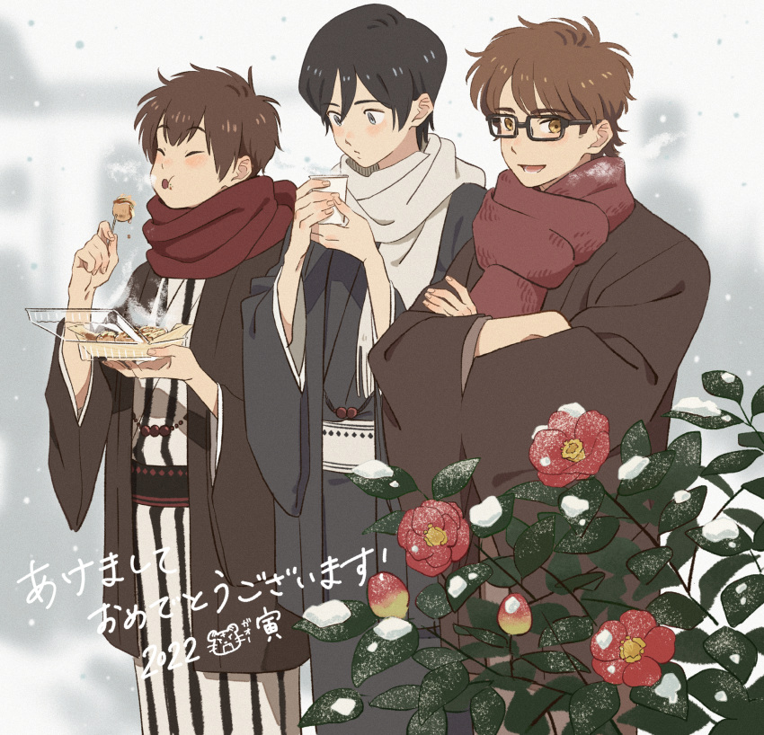 3boys, ace_of_diamond, black-framed_eyewear, black_hair, blush, brown_hair, brown_kimono, crossed_arms
