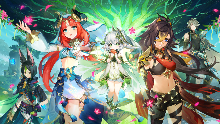 2boys, 3girls, absurdres, al-haitham_(genshin_impact), animal_ears, bare_legs, bare_shoulders, blue_eyes