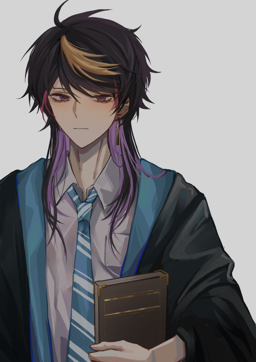 1boy, 9105896984, absurdres, ahoge, bangs, black_hair, black_robe, blue_necktie
