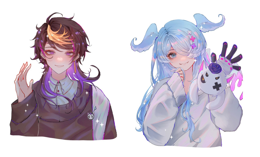 1boy, 1girl, 9105896984, ahoge, bangs, black_sweater, blue_eyes, blue_hair