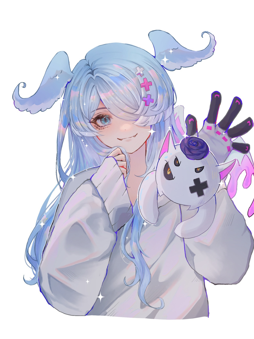 1girl, 9105896984, bangs, blue_eyes, blue_hair, blue_wings, blush, closed_mouth