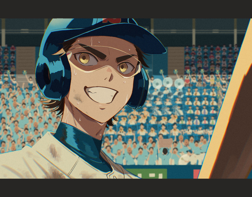 1boy, ace_of_diamond, band, baseball_bat, baseball_helmet, baseball_jersey, blue_headwear, blurry, blurry_background, brown_hair, crowd, dangomochi2, dirty, dirty_clothes, dirty_face, grin, helmet, highres, looking_at_viewer, male_focus, miyuki_kazuya, ouendan, outdoors, pom_pom_(cheerleading), smile, solo_focus, stadium, sweat, upper_body, yellow_eyes