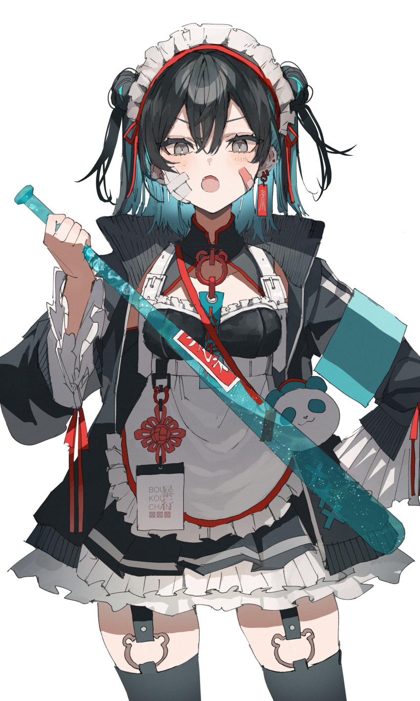 1girl, :o, absurdres, alternate_costume, alternate_hairstyle, apron, aqua_hair, bandage_on_face, bandages, bandaid, bandaid_on_face, bangs, baseball_bat, black_dress, black_hair, black_jacket, black_thighhighs, borrowed_character, boukou-chan_(tokiwata_soul), breasts, character_name, collared_jacket, colored_inner_hair, cowboy_shot, double_bun, dress, ear_piercing, earrings, fangs, fangs_out, frilled_apron, frilled_dress, frilled_sleeves, frills, garter_straps, grey_eyes, hair_between_eyes, hair_bun, hair_ribbon, highres, holding, holding_baseball_bat, jacket, jewelry, long_sleeves, looking_at_viewer, maid, maid_headdress, medium_hair, multicolored_hair, open_mouth, original, piercing, red_ribbon, ribbon, sakusya2honda, simple_background, sleeve_ribbon, small_breasts, solo, standing, thigh-highs, twintails, two-tone_hair, two_side_up, white_background, white_dress, zettai_ryouiki