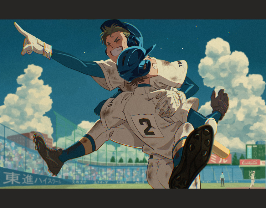 2boys, ace_of_diamond, baseball_helmet, baseball_jersey, baseball_uniform, black_gloves, blue_headwear, blurry