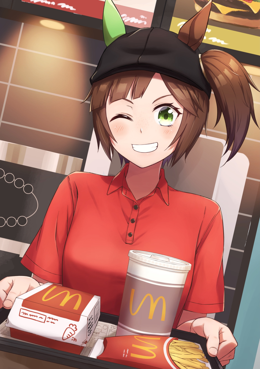 absurdres, animal_ears, backwards_hat, bangs, brand_name_imitation, breasts, brown_hair, collared_shirt