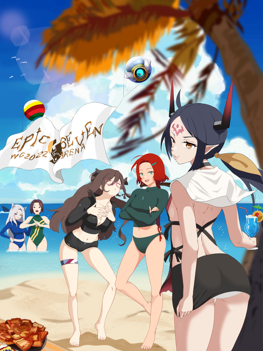 5girls, absurdres, animal_ears, apocalypse_ravi_(epic_seven), banner, beach, bird, blue_eyes