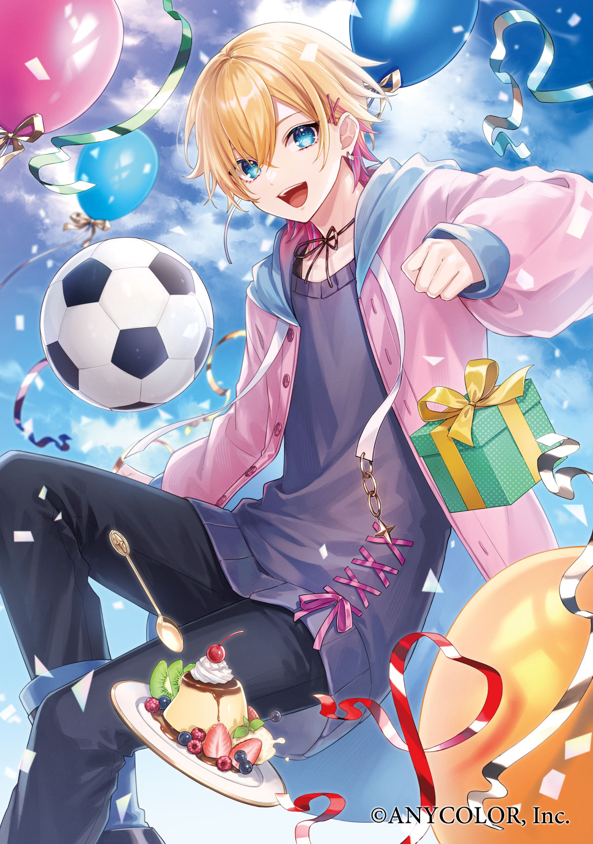 1boy, :d, amaichi_esora, ball, balloon, bangs, black_choker, black_pants
