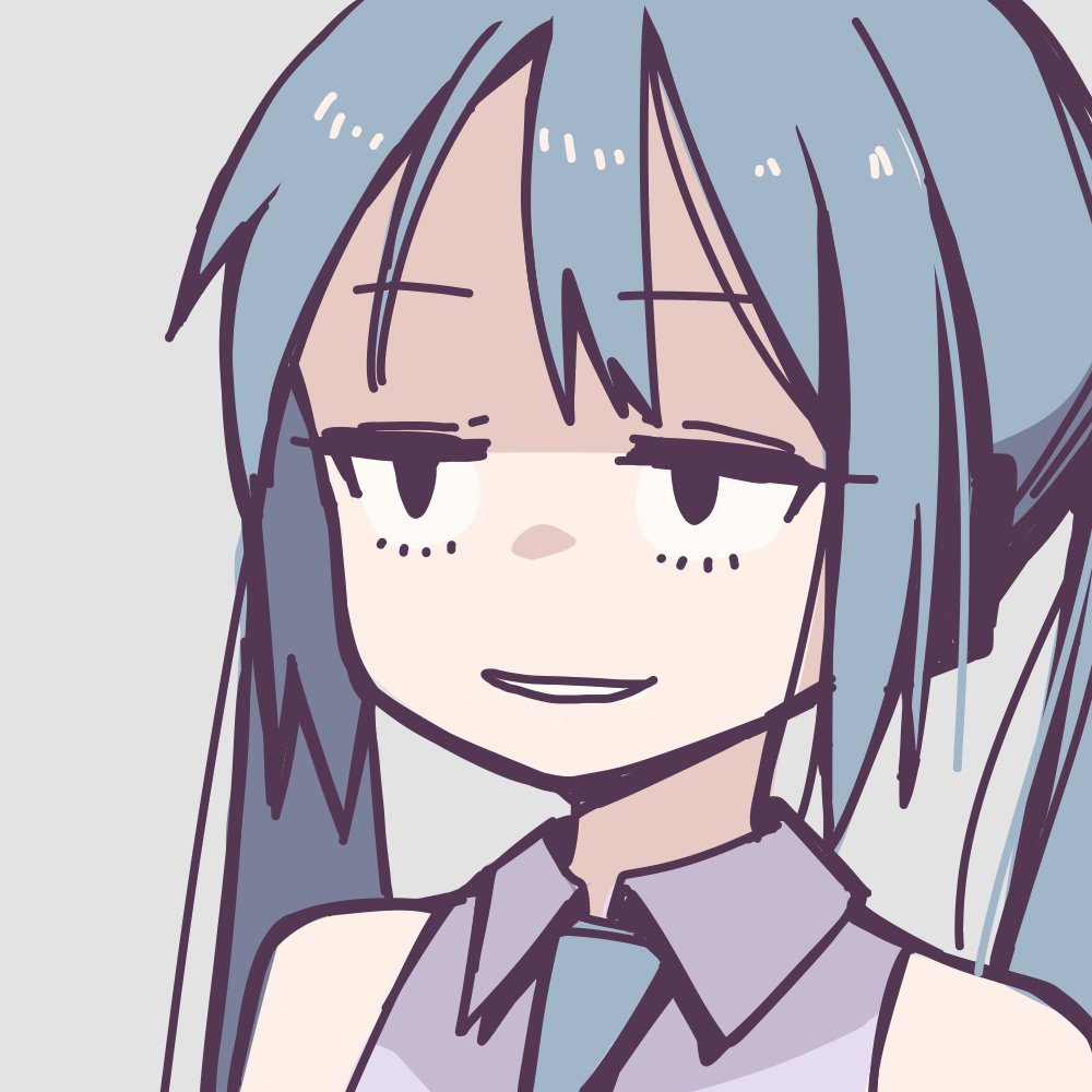 1girl, blue_hair, hatsune_miku, icon_315, necktie, simple_background, sleeveless, smug
