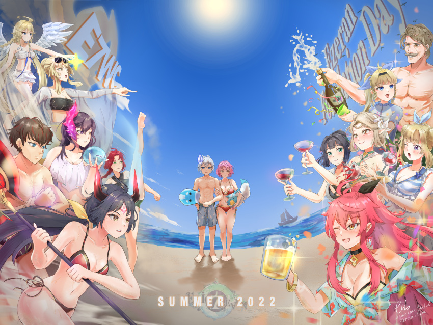 4boys, 6+girls, alexa_(epic_seven), angel_of_light_angelica_(epic_seven), apocalypse_ravi_(epic_seven), arkasus, beach, beer_mug