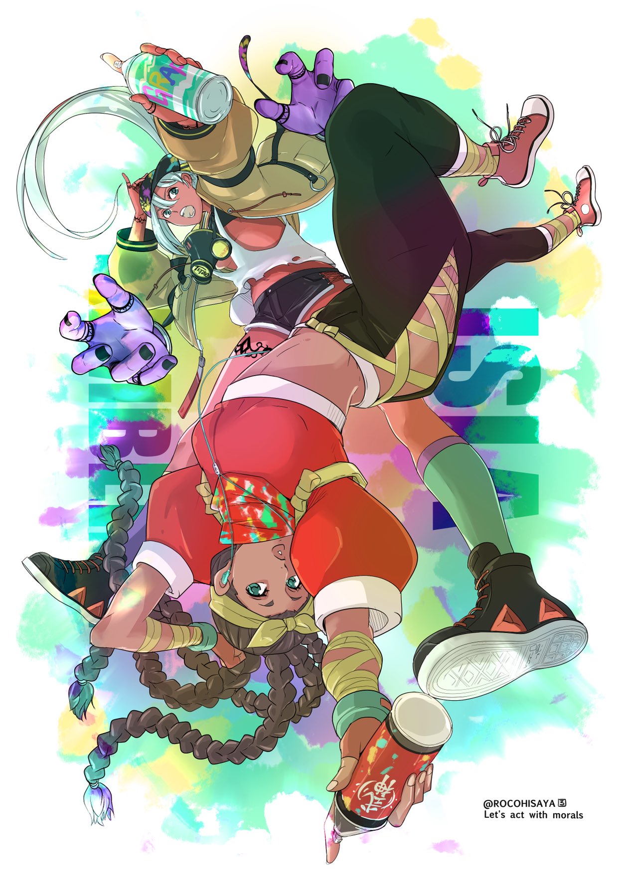 2girls, arm_wrap, baseball_cap, bow_hairband, brown_lips, cable, colored_tips, converse