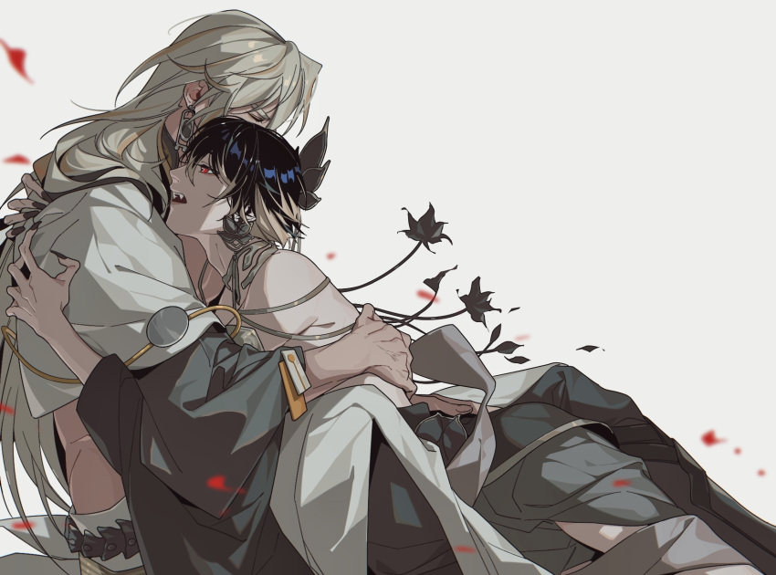 2boys, asura_(onmyoji), black_hair, fangs, highres, hug, long_hair, lotus_earrings