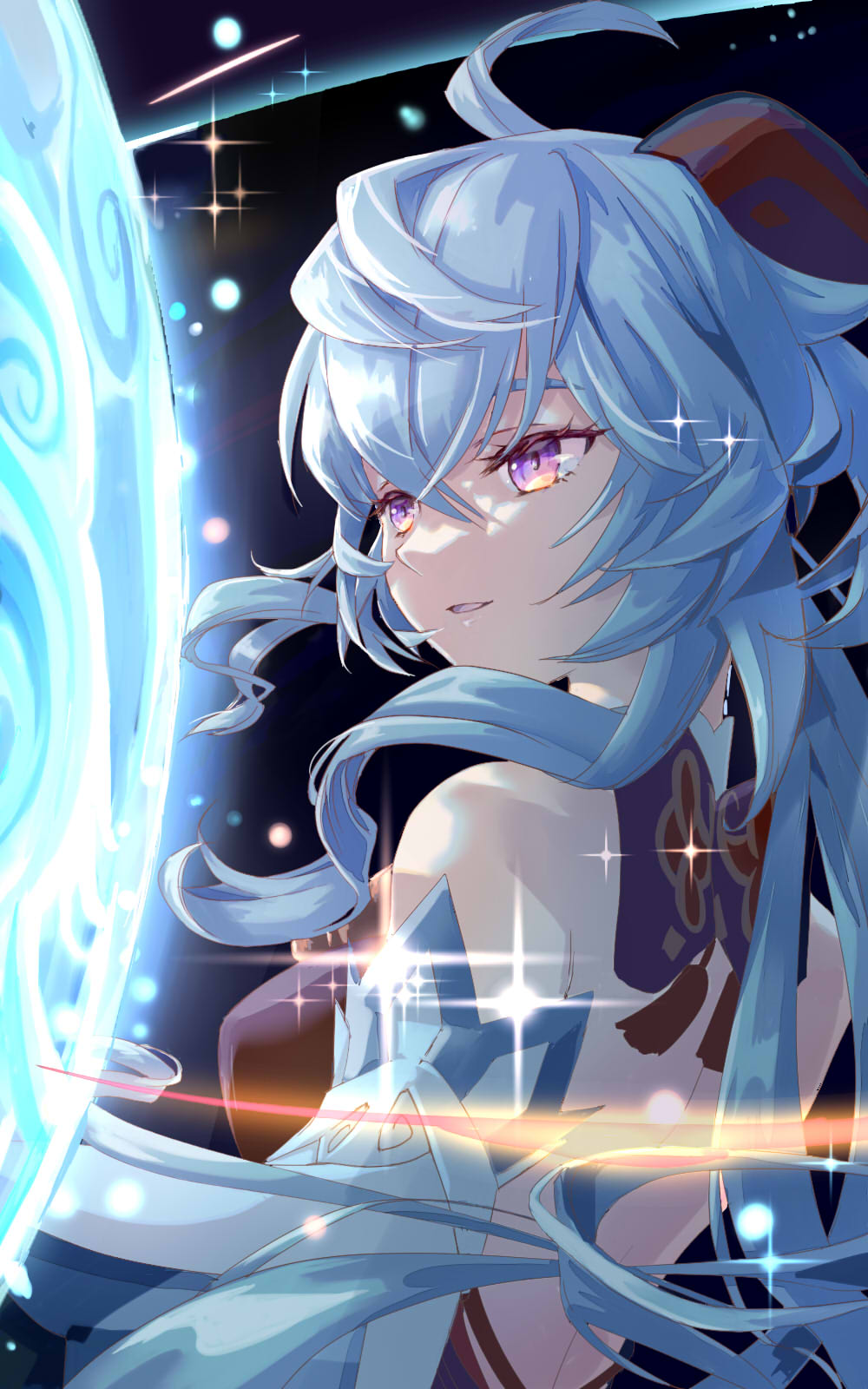 1girl, ahoge, bangs, bare_shoulders, blue_hair, bow, detached_sleeves, from_side