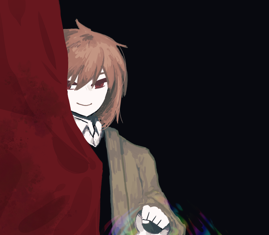 1boy, black_background, black_vest, brown_hair, closed_mouth, collared_shirt, commentary_request, green_jacket