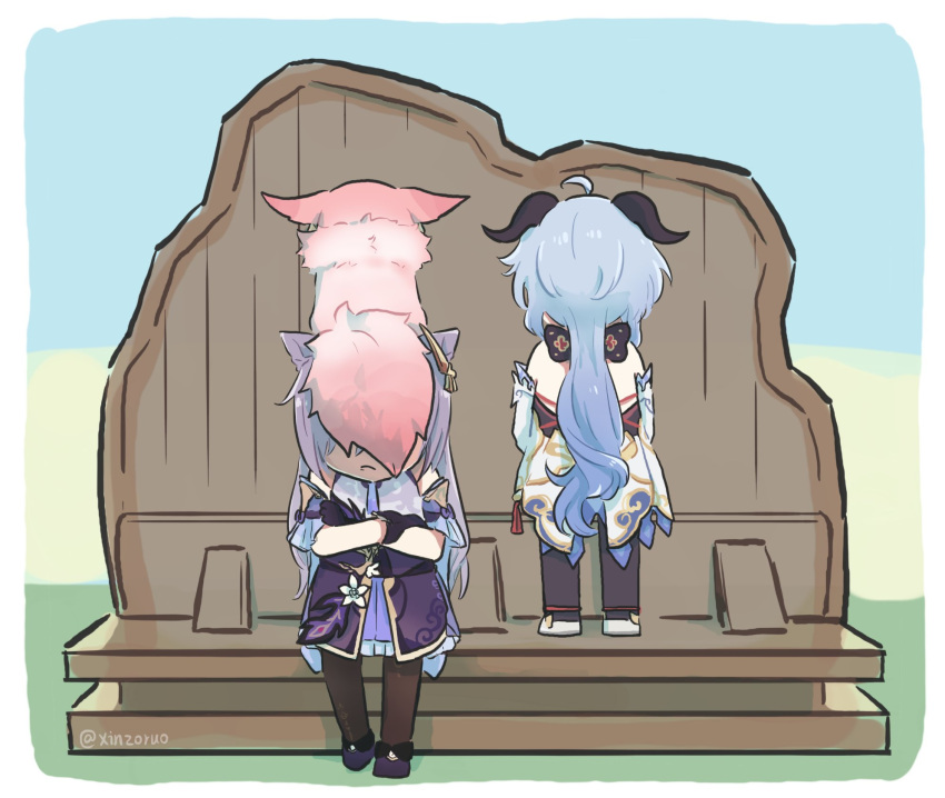 3girls, ahoge, artist_name, back, black_pantyhose, blue_hair, bow, comedy, detached_sleeves, display, dress, fox_tail, from_behind, frown, ganyu_(genshin_impact), genshin_impact, highres, horns, keqing_(genshin_impact), long_hair, low_ponytail, multiple_girls, pantyhose, photo_stand-in, purple_dress, purple_hair, sitting, sitting_on_person, standing, tail, twitter_username, waist_cape, white_sleeves, xinzoruo, yae_miko, yae_miko_(fox)