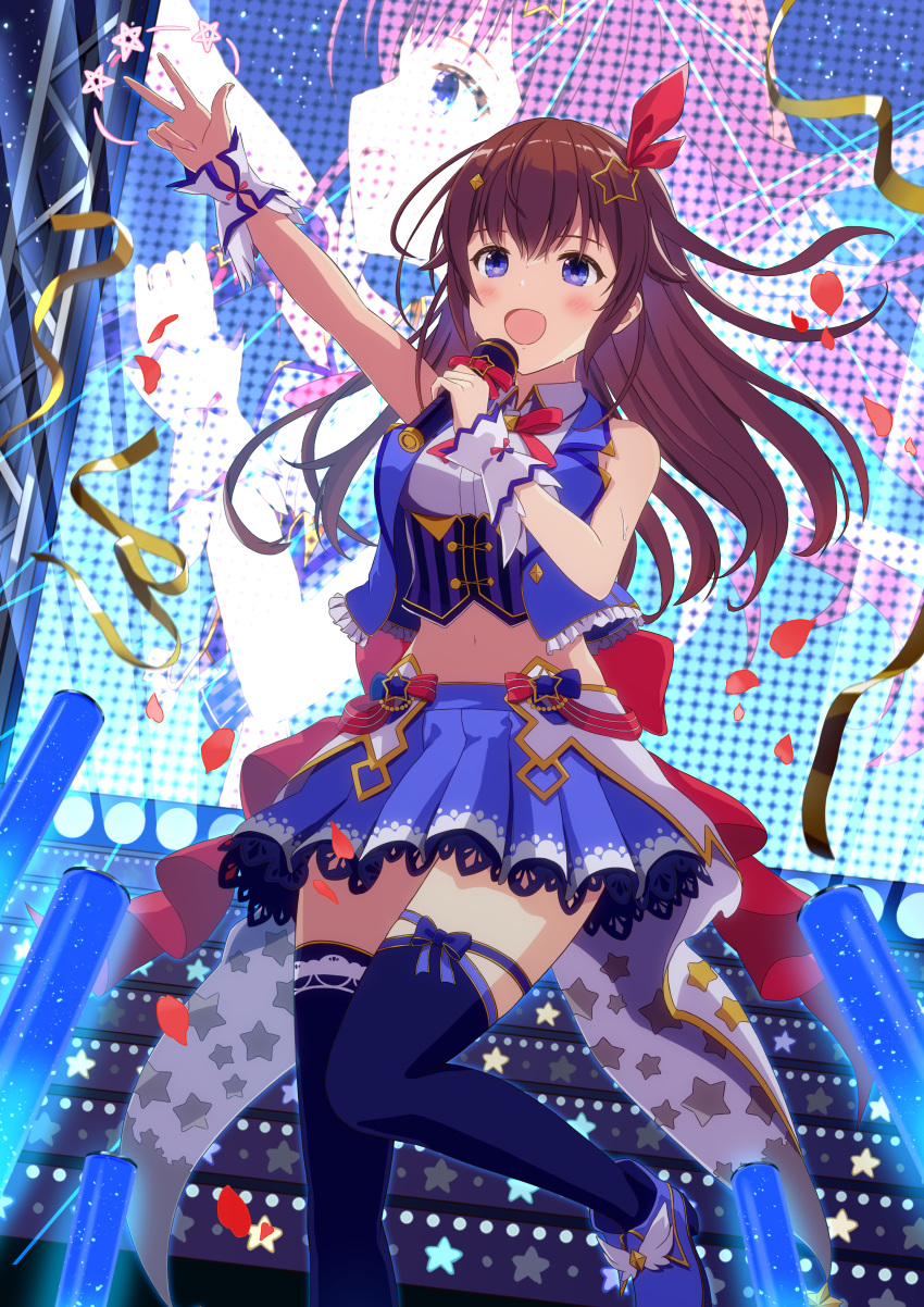 1girl, absurdres, ankle_boots, bare_arms, bare_shoulders, blue_eyes, blue_footwear, blue_ribbon