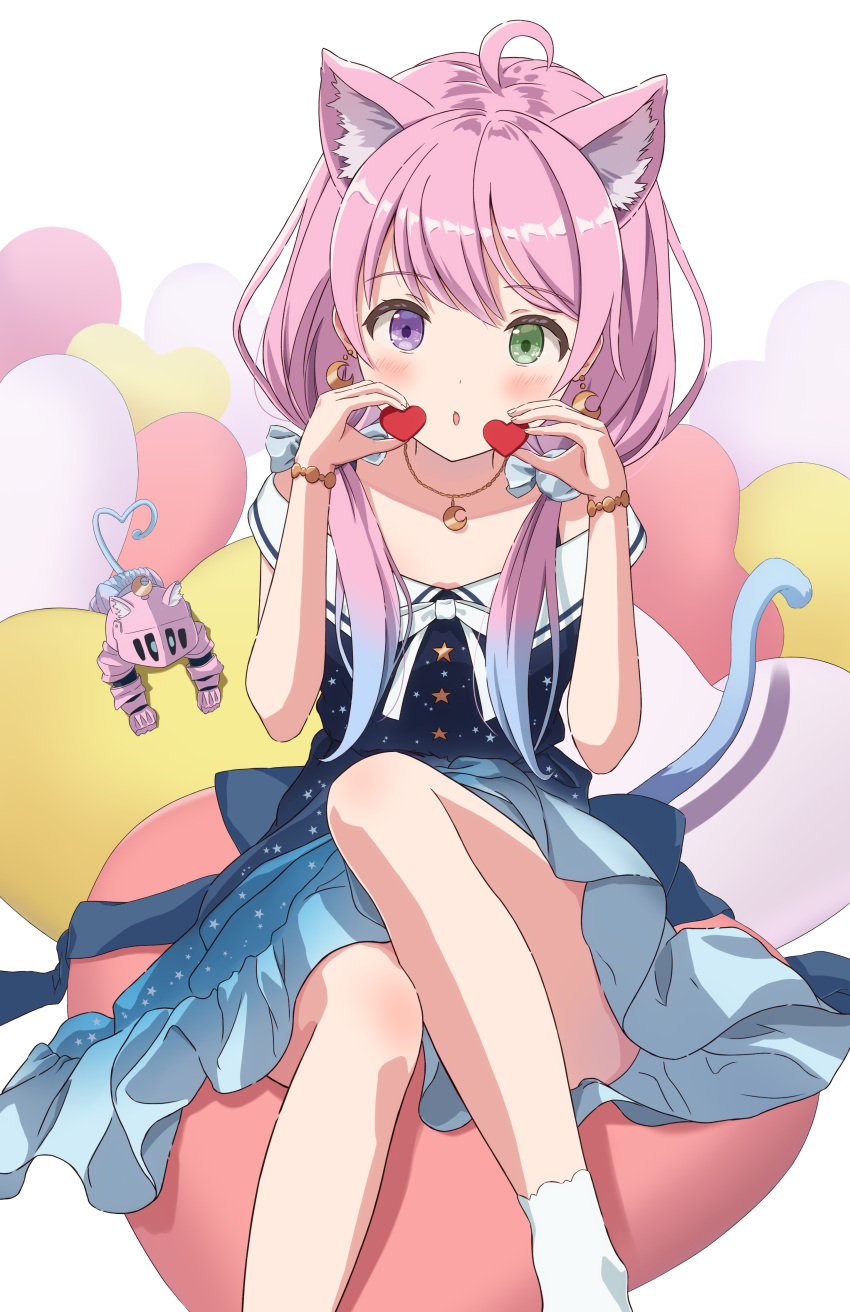 1girl, :o, absurdres, ahoge, animal_ear_fluff, animal_ears, blue_dress, blush, cat_ears, cat_girl, cat_tail, crescent, crescent_earrings, crescent_necklace, dress, earrings, gradient_hair, green_eyes, heterochromia, highres, himemori_luna, hololive, jewelry, long_hair, looking_at_viewer, low_twintails, medium_dress, multicolored_hair, necklace, off-shoulder_dress, off_shoulder, open_mouth, pink_hair, pleio, print_dress, purple_hair, sailor_collar, sailor_dress, sitting, socks, solo, star_(symbol), star_print, tail, twintails, violet_eyes, virtual_youtuber, white_sailor_collar, white_socks