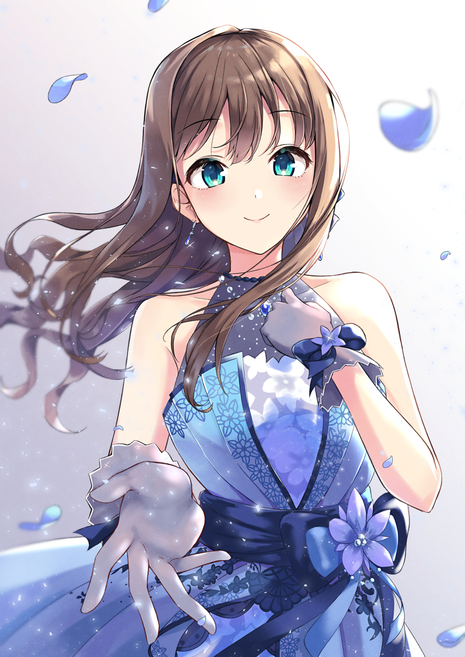 1girl, black_gloves, blue_dress, blush, brown_hair, different, dress, falling_petals