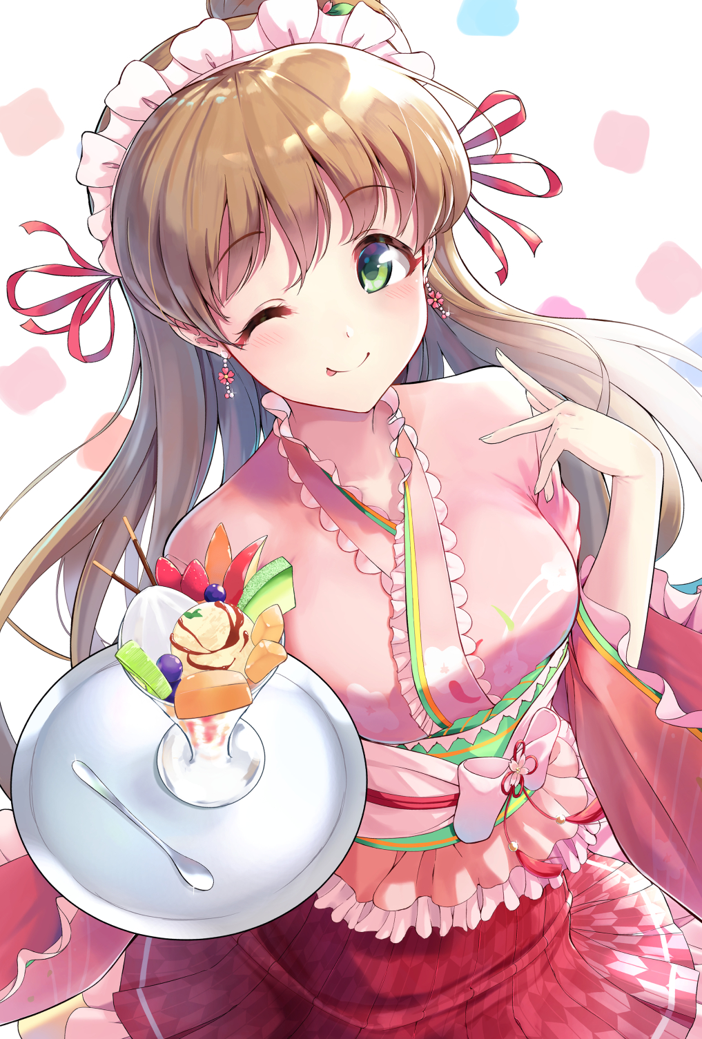 1girl, ;p, blush, breasts, brown_hair, different, green_eyes, highres