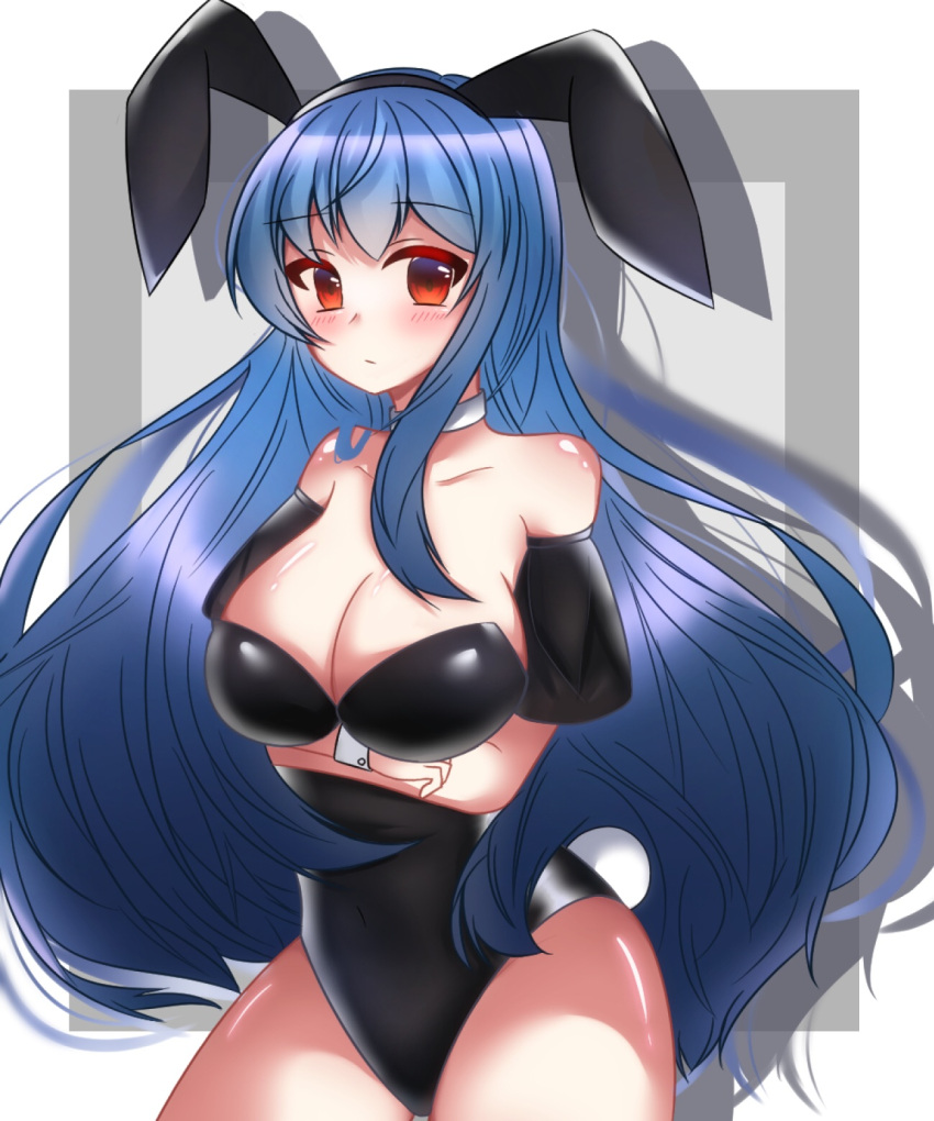 1girl, arms_under_breasts, bangs, black_bunny_ears, black_detached_sleeves, black_leotard, blush, breasts