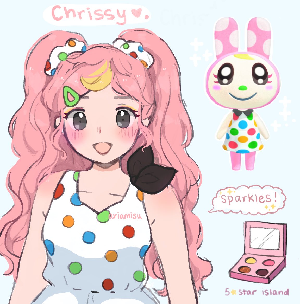 1girl, animal_crossing, ariamisu, artist_name, character_name, chrissy_(animal_crossing), dress, game_console, humanization, long_hair, looking_at_viewer, personification, pink_eyes, pink_hair, polka_dot, polka_dot_dress, scrunchie, solo, very_long_hair, wavy_hair