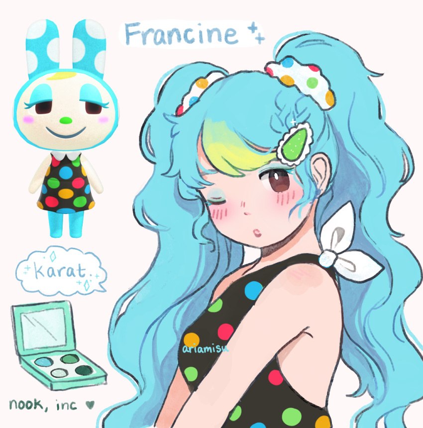 1girl, animal_crossing, aqua_eyes, aqua_hair, ariamisu, character_name, dress, francine_(animal_crossing)