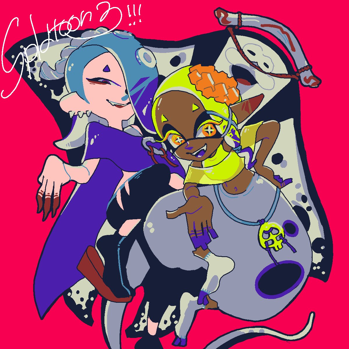 1boy, 2girls, asymmetrical_hair, baggy_pants, big_man_(splatoon), blonde_hair, blue_hair, cephalopod_eyes
