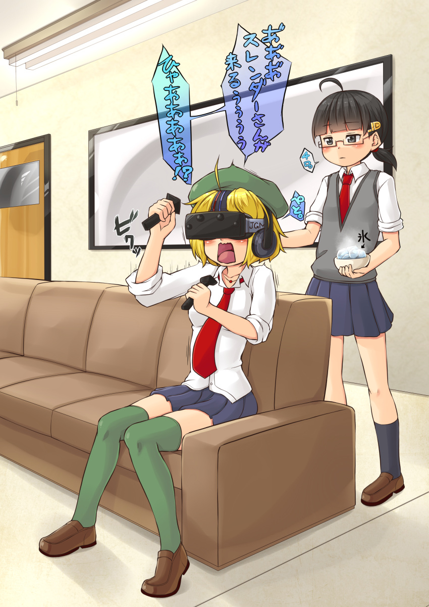 2girls, absurdres, ahoge, bangs, beret, black-framed_eyewear, black_eyes, black_hair
