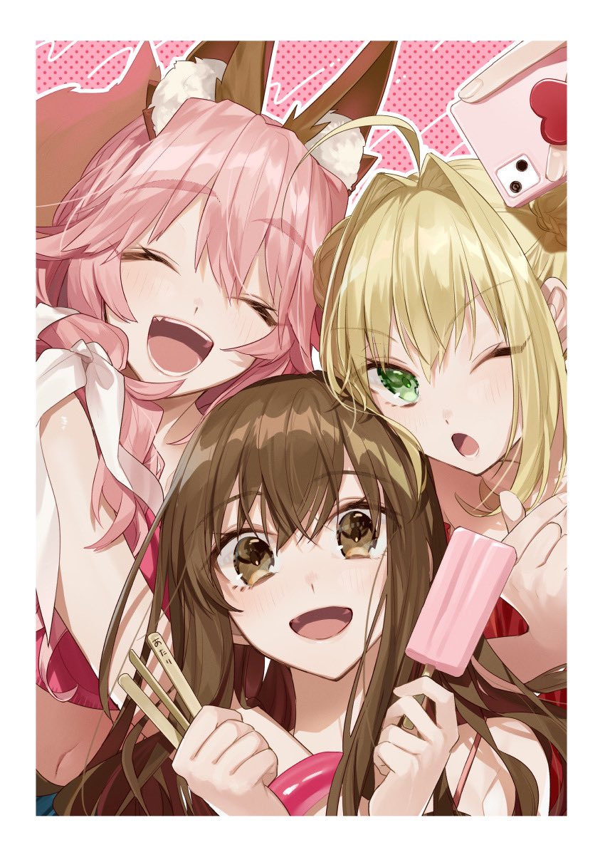 3girls, :d, ;o, ^_^, ^o^, ahoge, alternate_costume, animal_ear_fluff