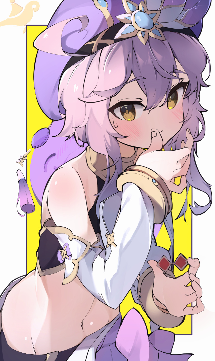 1girl, absurdres, ahoge, blue_gemstone, blush, bullet_(artist), cabbie_hat, detached_sleeves