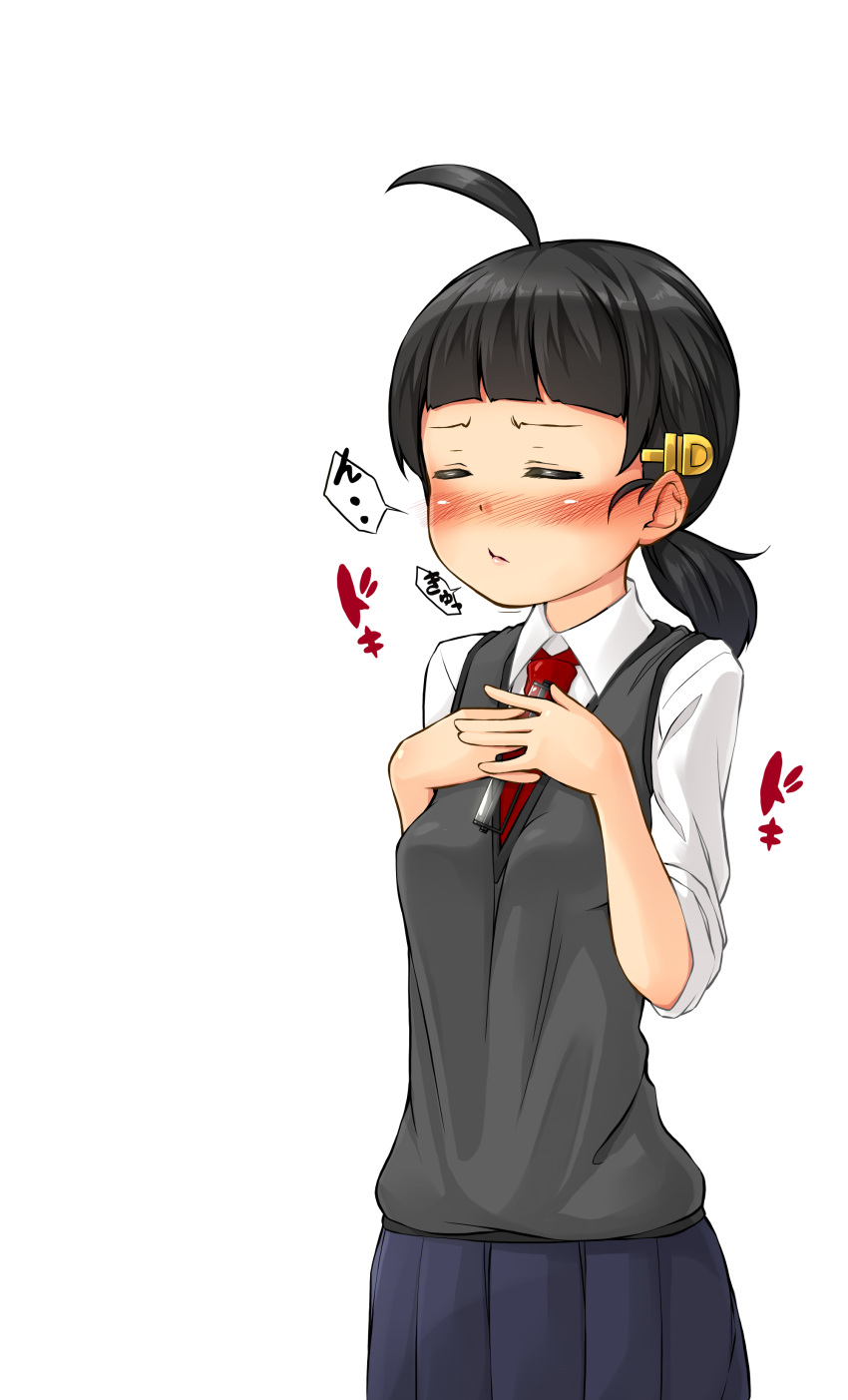 1girl, absurdres, ahoge, bangs, black_hair, black_skirt, blunt_bangs, blush