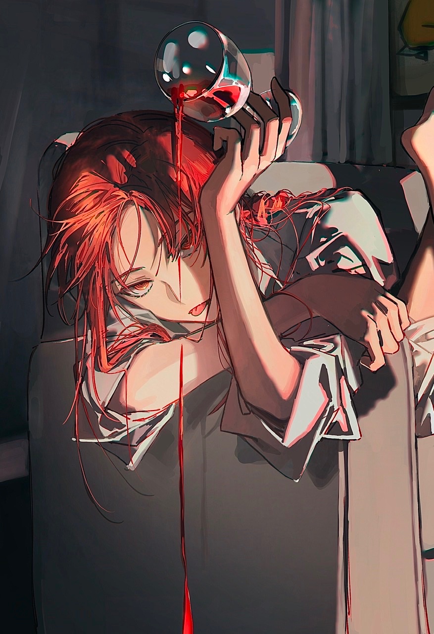 1girl, 2_blankk, braid, braided_ponytail, chainsaw_man, collared_shirt, cup, curtains