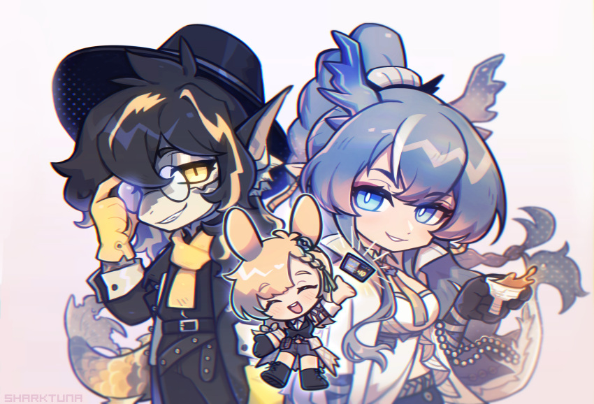 1boy, 2girls, adjusting_eyewear, animal_ears, arknights, artist_name, bangs, black_footwear, black_hair, black_headwear, black_shorts, black_vest, blonde_hair, blue_eyes, blue_hair, braid, breasts, chalice, chibi, closed_eyes, collared_shirt, cowboy_shot, dragon_horns, english_commentary, fedora, full_body, glasses, gloves, hat, highres, holding, holding_goblet, horns, kroos_(arknights), kroos_the_keen_glint_(arknights), lee_(arknights), ling_(arknights), long_hair, long_sleeves, looking_at_viewer, multiple_girls, open_clothes, open_mouth, parted_lips, pointy_ears, rabbit_ears, sharktuna, shirt, shorts, smile, tail, teeth, upper_teeth, vest, white_shirt, yellow_eyes, yellow_gloves