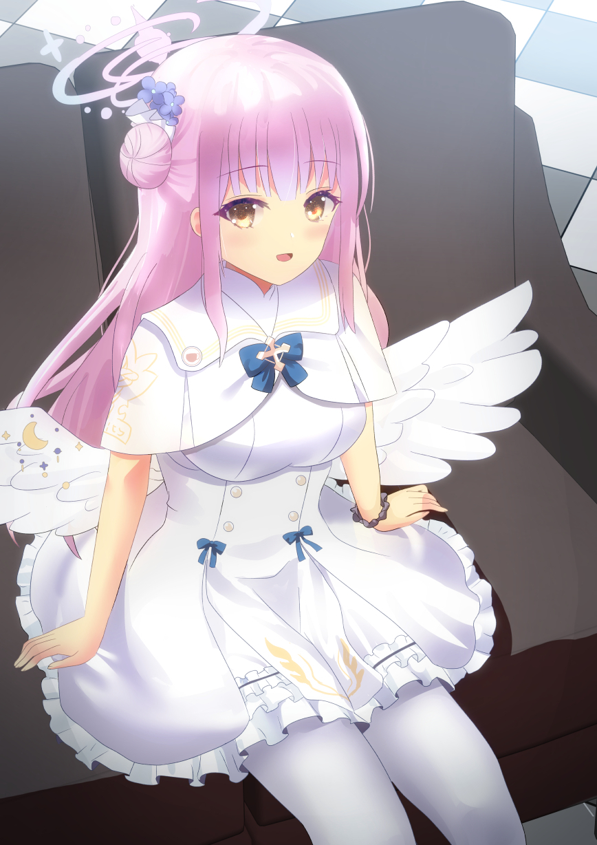 1girl, :d, bangs, blue_archive, blue_bow, blue_flower, bow, breasts, brown_eyes, capelet, checkered_floor, commentary_request, couch, dress, feathered_wings, feet_out_of_frame, flower, frilled_dress, frills, hair_bun, hair_flower, hair_ornament, halo, highres, long_hair, looking_at_viewer, low_wings, medium_breasts, mika_(blue_archive), neu_(frameice), on_couch, pantyhose, pink_hair, single_side_bun, smile, solo, very_long_hair, white_capelet, white_dress, white_pantyhose, white_wings, wings