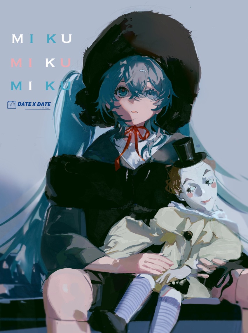1girl, ainimo5, aqua_eyes, aqua_hair, bangs, black_headwear, black_jacket, black_shorts, character_name, crossed_bangs, doll, fur_hat, fur_trim, grey_background, hair_between_eyes, hat, hatsune_miku, highres, jacket, long_hair, long_sleeves, looking_up, mini_hat, neck_ribbon, parted_lips, red_ribbon, ribbon, shirt, shorts, top_hat, twintails, upper_body, vocaloid, white_shirt