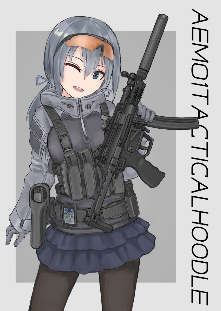 absurdres, ammunition_pouch, blue_eyes, d-sawa613, gloves, grey_hair, gun, h&amp;k_mp5