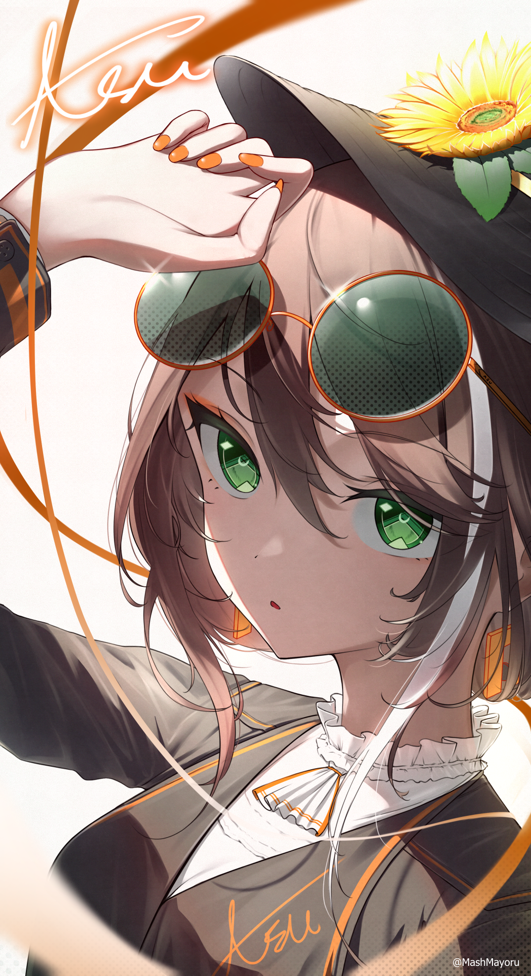 1girl, arm_up, asu_(sinsekai), bangs, black_headwear, black_jacket, brown-framed_eyewear, brown_hair, commentary_request, eyewear_on_head, flower, green_eyes, grey_background, hair_between_eyes, hat, hat_flower, highres, jacket, long_sleeves, looking_at_viewer, mash_mayoru, multicolored_hair, nail_polish, orange_nails, parted_lips, round_eyewear, shinsekai_keikaku_sinsekai_city_project, shirt, signature, simple_background, solo, streaked_hair, sunflower, sunglasses, twitter_username, upper_body, white_hair, white_shirt, yellow_flower