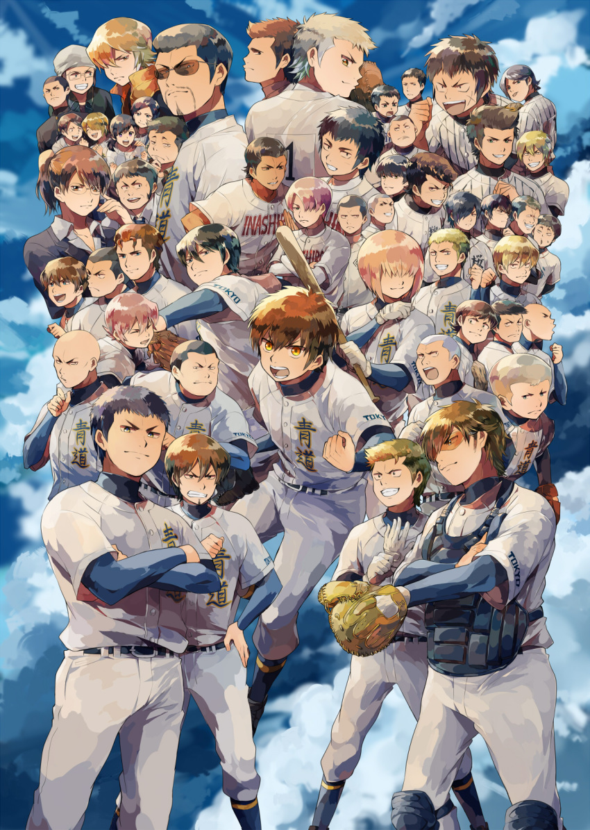 5girls, 6+boys, ace_of_diamond, bald, baseball_mitt, baseball_uniform, black_hair, blonde_hair